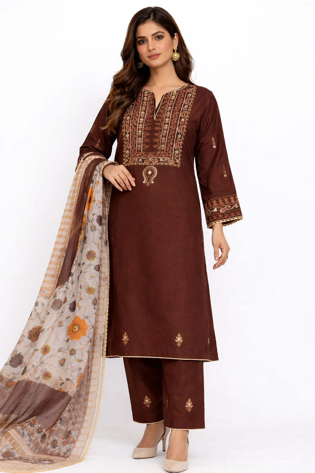 Mocha Blossom Embroidered Lawn 3-Piece Suit