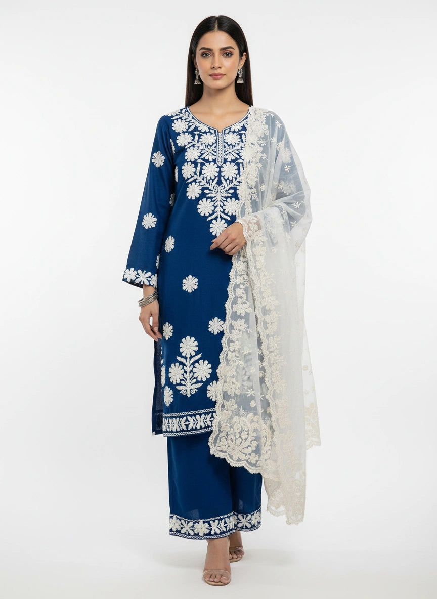 Azure Noor – Linen Chikankari 3-Piece Suit