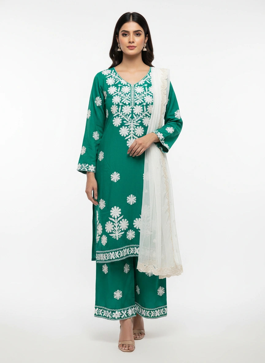 Emerald Noor – Linen Chikankari 3-Piece Suit