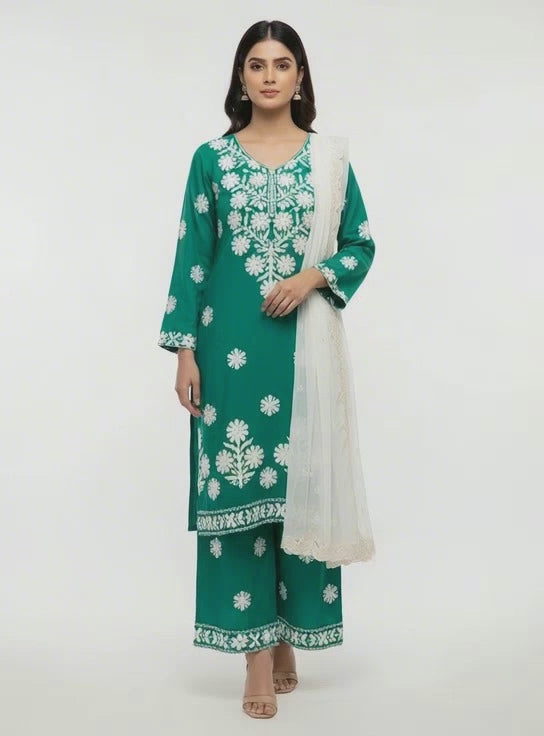 Emerald Noor – Linen Chikankari 3-Piece Suit