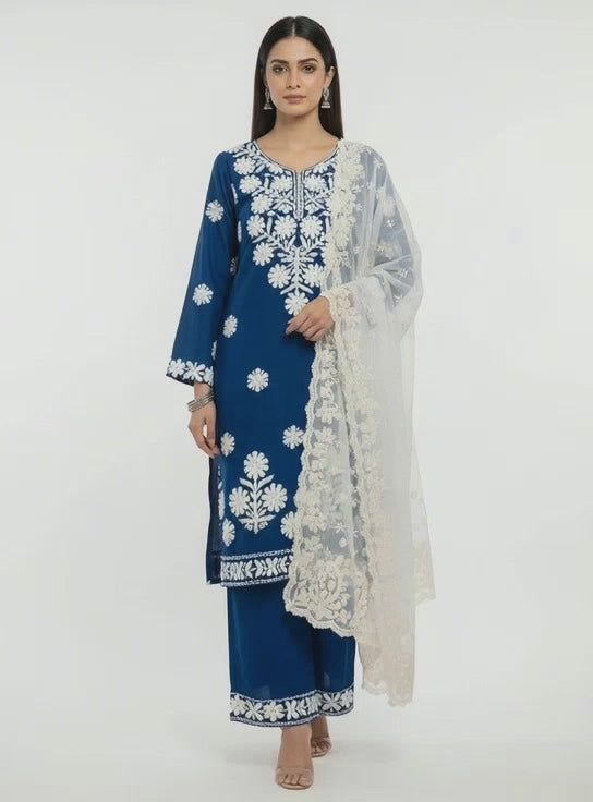 Azure Noor – Linen Chikankari 3-Piece Suit